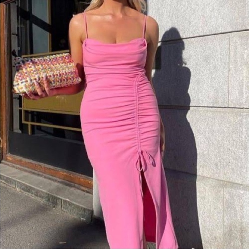 Zara Pink Midi Dress with Ruched Detail
